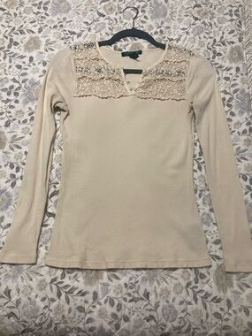 Ralph Lauren Cream Crochet Yoke Long Sleeve Top